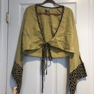 Vtg Deadstock Aziz Mustard Yellow Black Ivory Tribal Trim Linen Top Sz S